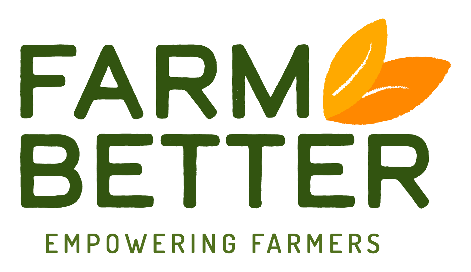 Logo with the text "FARM BETTER" in large green letters, a graphic of two orange and yellow grains or seeds, and the phrase "EMPOWERING FARMERS" underneath.