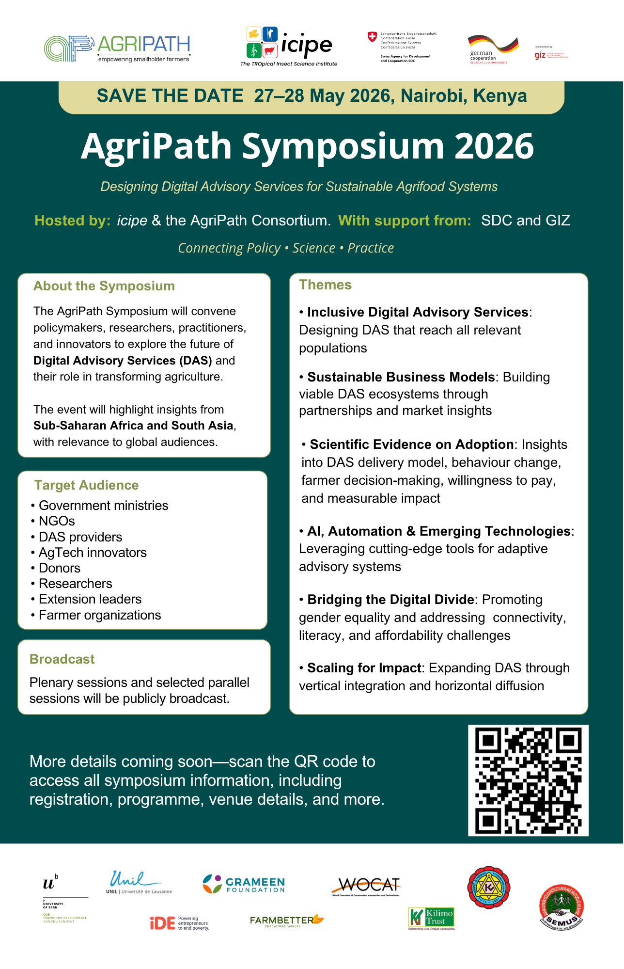 Flyer for AgriPath Symposium 2026 held in Nairobi, Kenya on May 27-28, 2026, with logos of supporting organizations and a QR code.