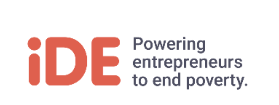 Logo with the text 'iDE' in red and the tagline 'Powering entrepreneurs to end poverty.' in dark blue.