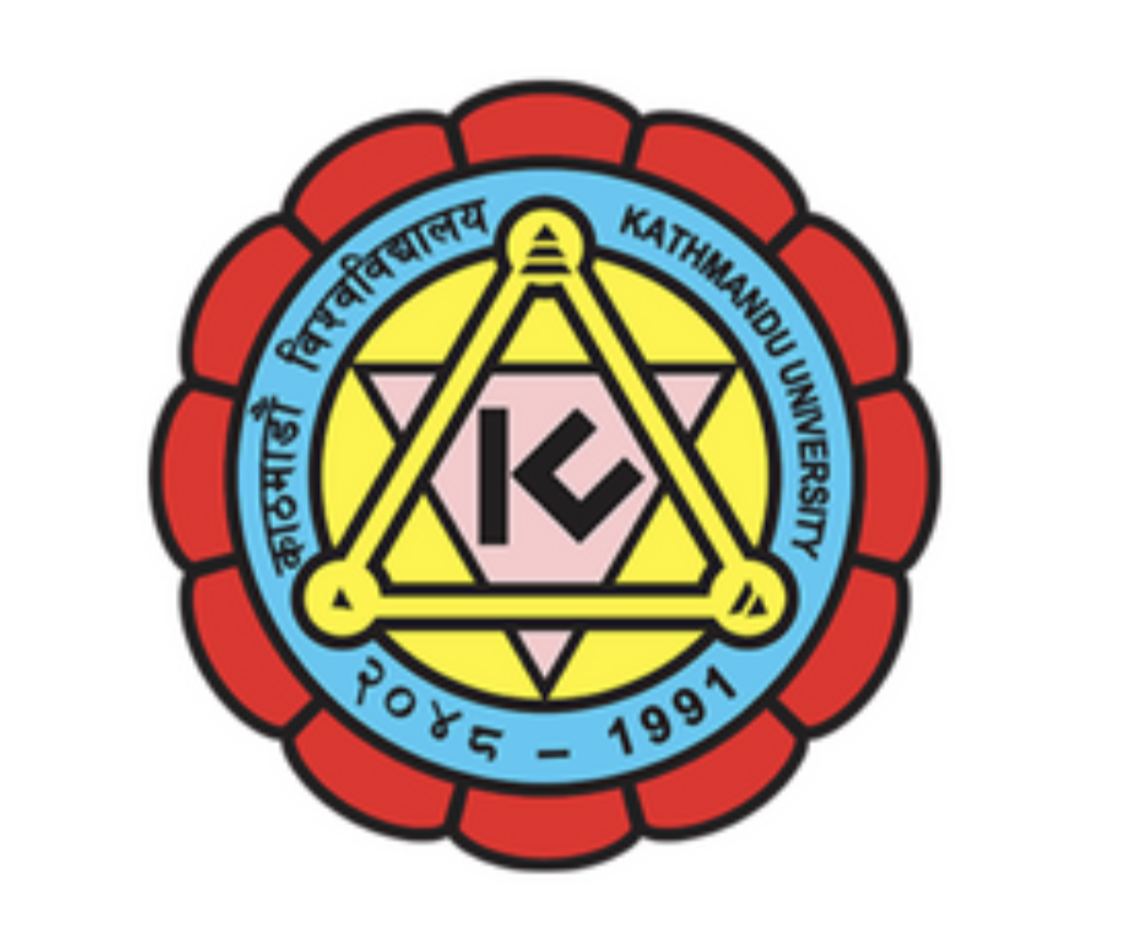 Logo of Kathmandu University with a yellow triangle and pink hexagon in the center, surrounded by blue and red circles, and text in Sanskrit and English.