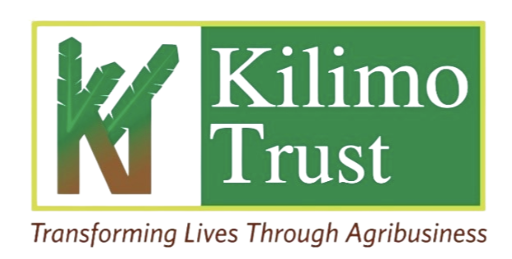 Logo for Kilimo Trust with stylized green and brown 'K' designed to look like a plant, green rectangular background, and tagline in brown: 'Transforming Lives Through Agribusiness'.