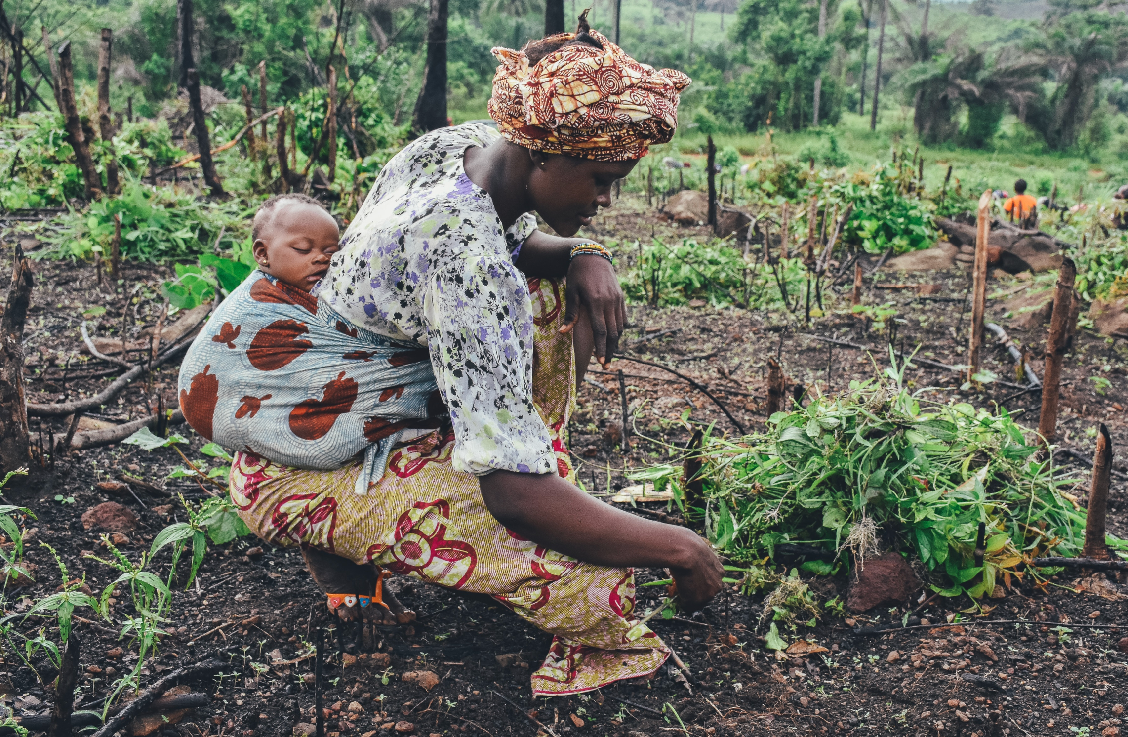 A woman wearing a headscarf and patterned dress rows with a sleeping baby on her back in a cultivated field.
