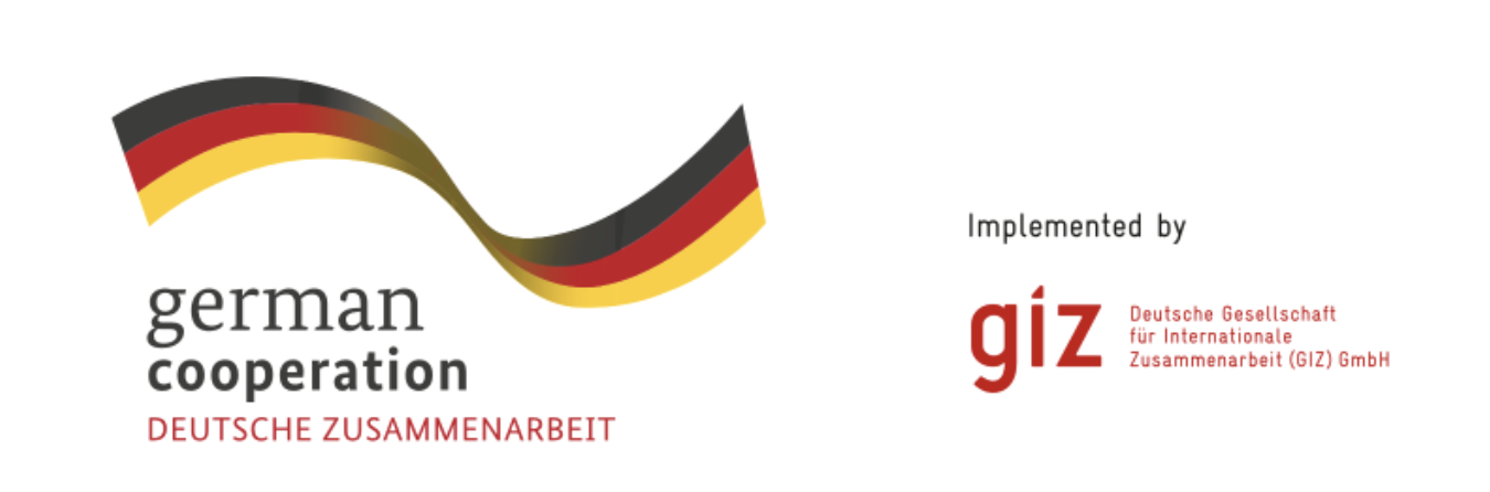 Graphic featuring a wavy German flag, the words "german cooperation" in black and bold, and the phrase "DEUTSCHE ZUSAMMENARBEIT" in red. Text on the right indicates it is implemented by "giz" and includes the full name of the organization in red.