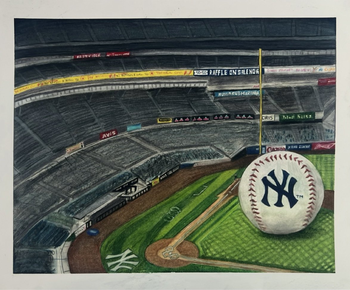 A baseball stadium with the New York Yankees logo on a baseball in the foreground, with the baseball field and empty seats in the background.