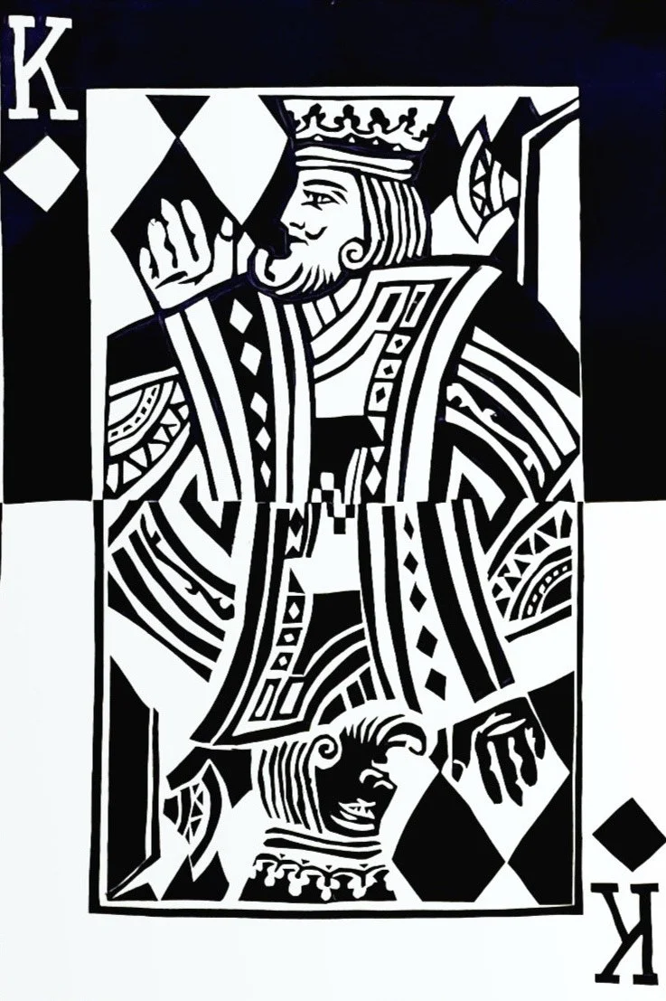 Black and white illustration of a King playing card, showing a stylized, abstract depiction of a king with a crown, beard, and robe, holding a scepter, with a face in profile at the bottom.