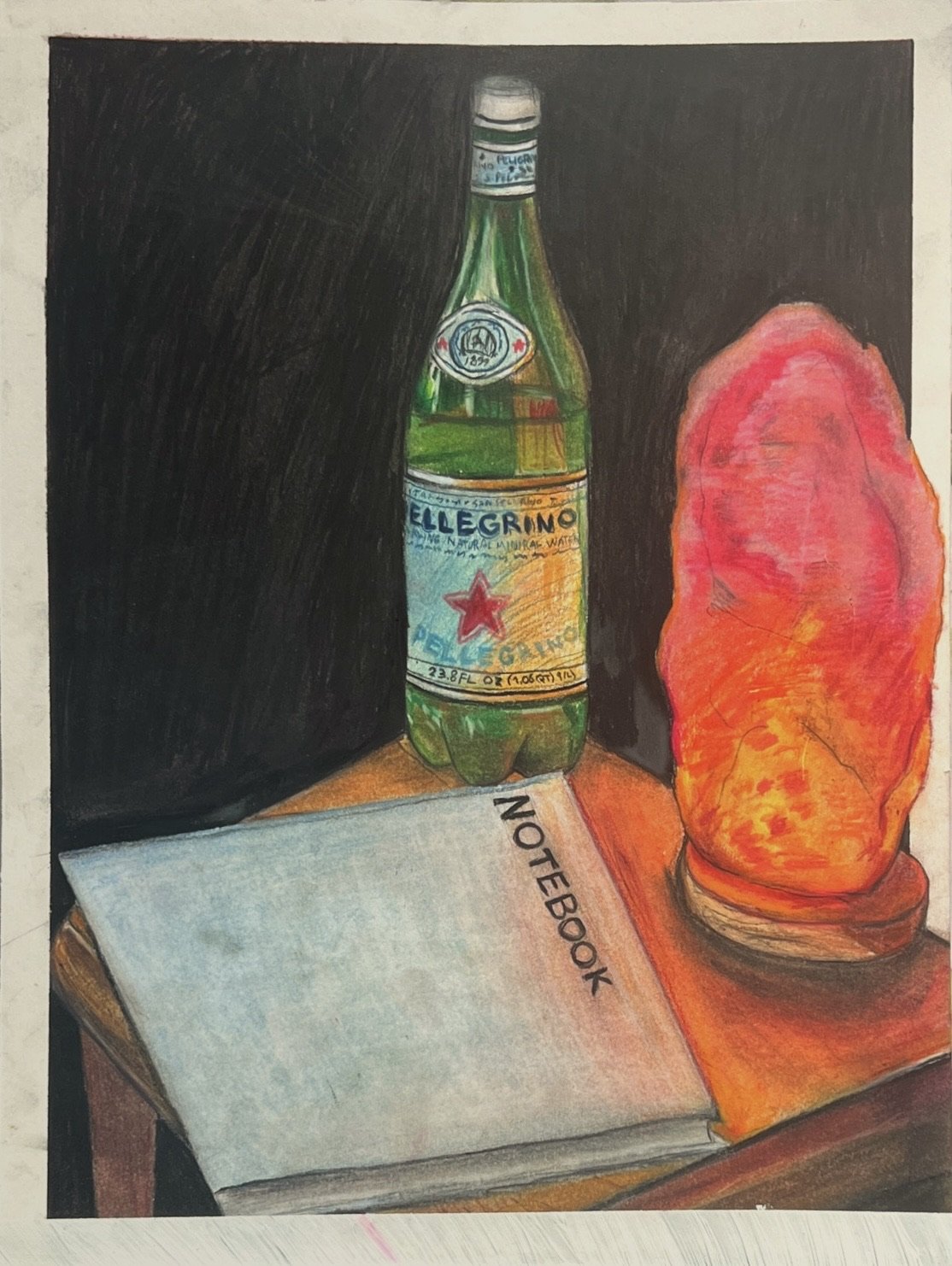 Drawing of a green glass bottle of Pellegrino sparkling water, a salt lamp, and a notebook labeled 'NOTEBOOK' on a wooden surface against a dark background.