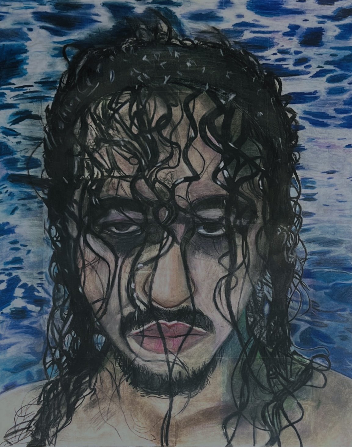 Drawing or painting of a man with curly black hair and a mustache, set against a background resembling water with blue and white streaks.