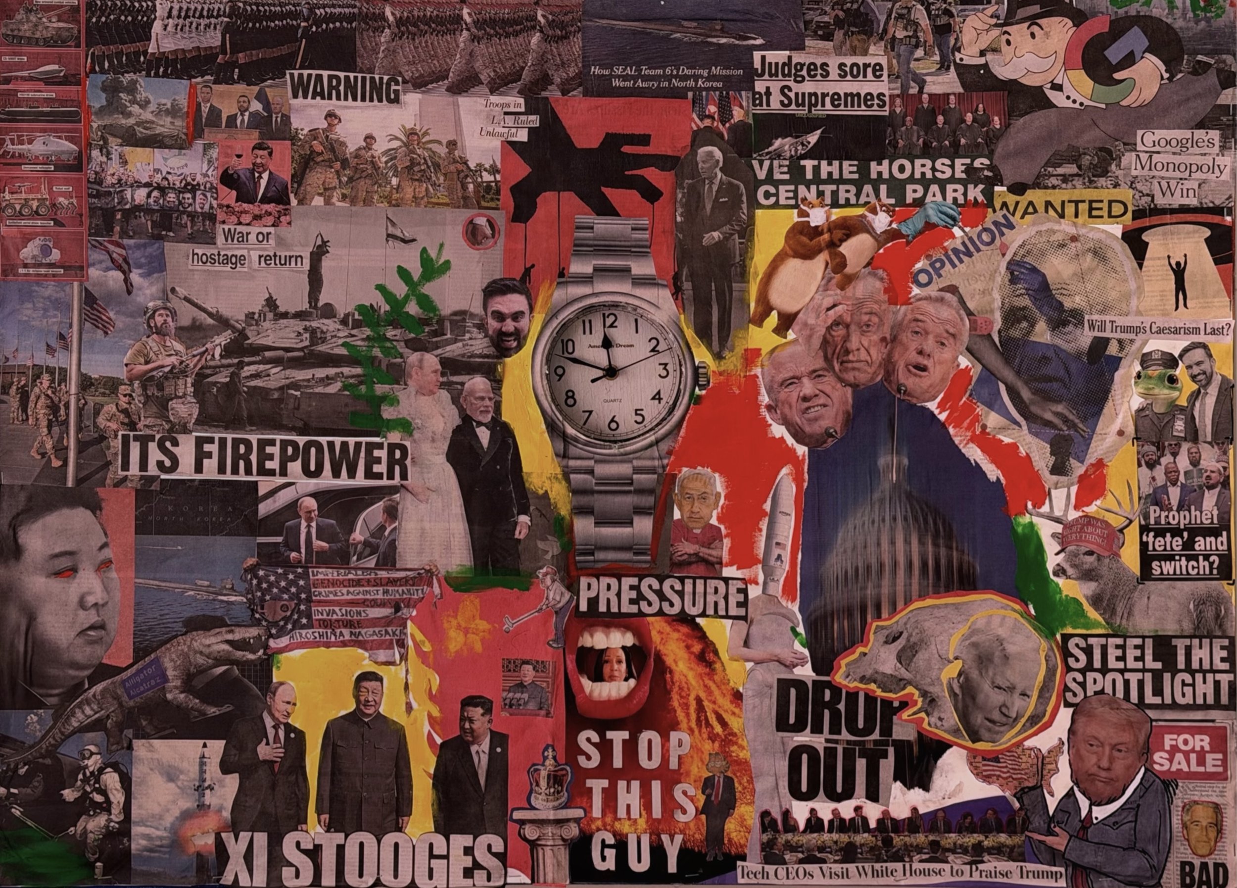 The Clock Strikes DADA, 2025,
Mixed Media. 
43"x60"