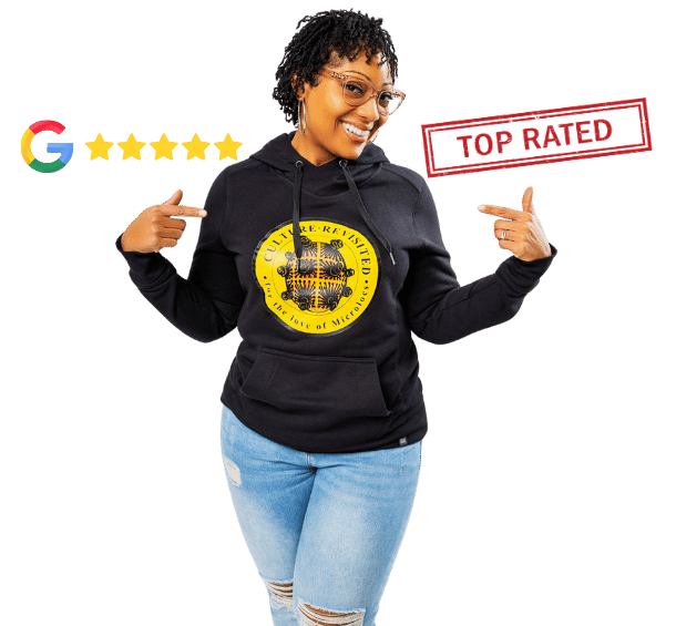 Smiling woman pointing to her black hoodie with a yellow emblem, standing against a transparent background with Google rating stars, a red "Top Rated" stamp, and a smiling emoji.