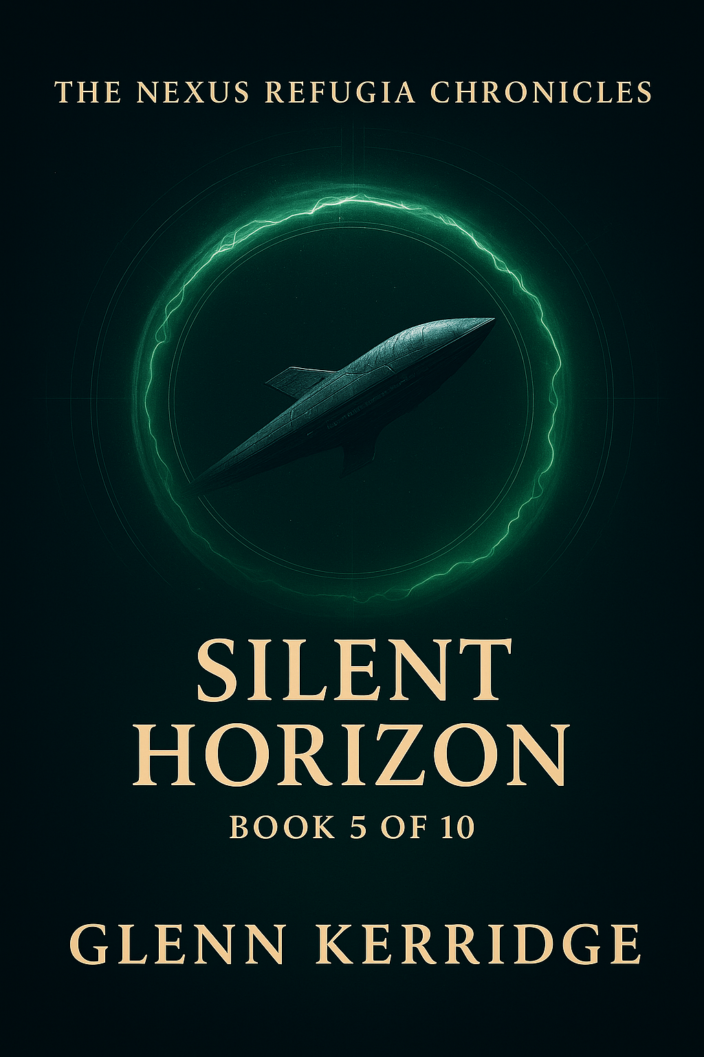 Book 5 cover for 'Silent Horizon,' in "The Nexus Refugia Chronicles" book series by Glenn Kerridge, featuring a spaceship and a glowing green circular energy field.