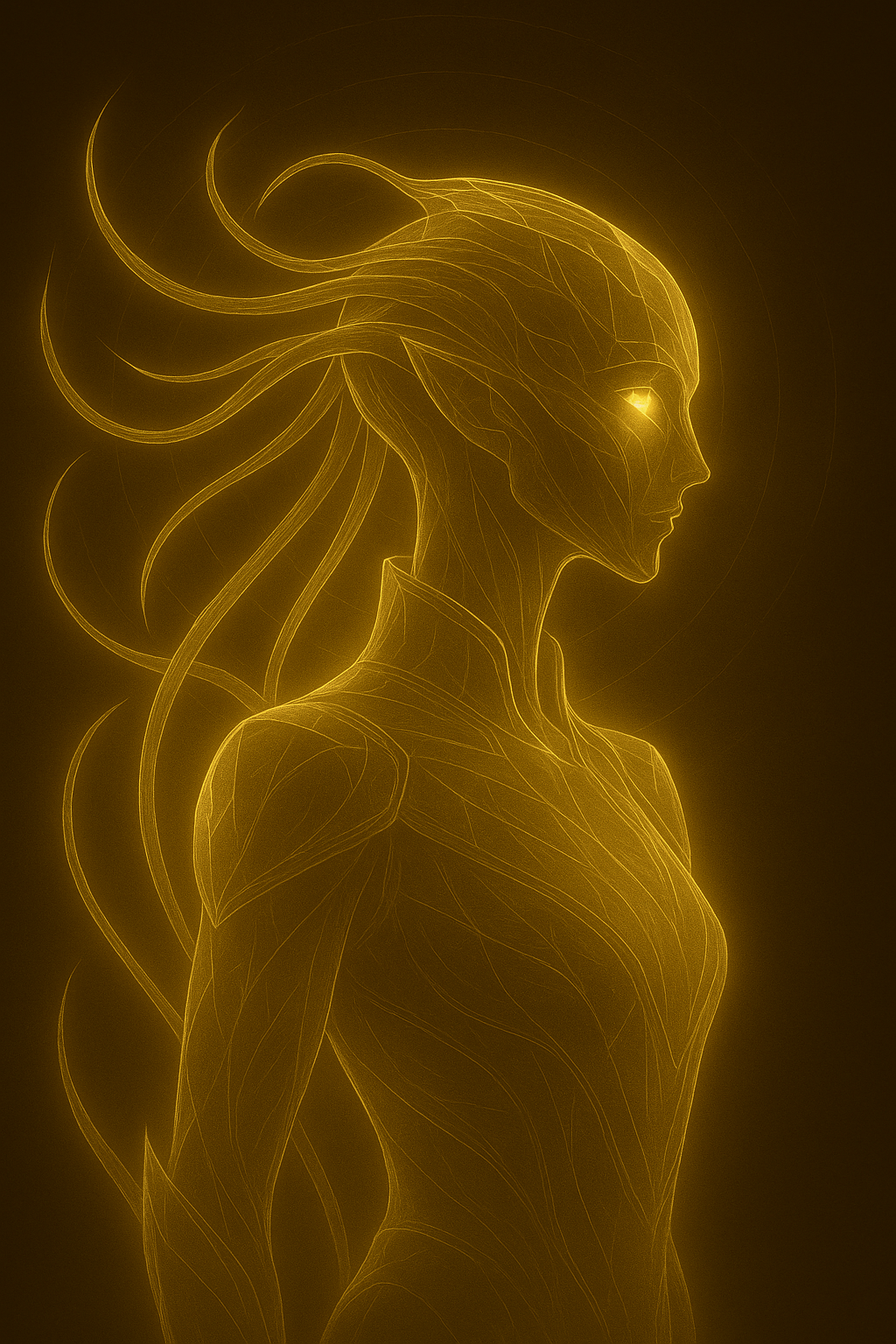 A digitally rendered outline of N'sharae, a humanoid woman in profile with flowing hair and visible tendrils.