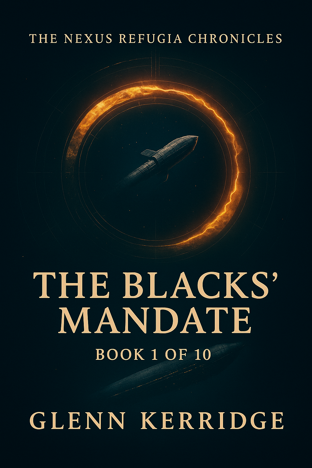 Book 1 cover for 'The Blacks' Mandate' in 'The Nexus Refugia Chronicles' book series by Glenn Kerridge, featuring a dark background, a circular fiery ring, and a spaceship in space.