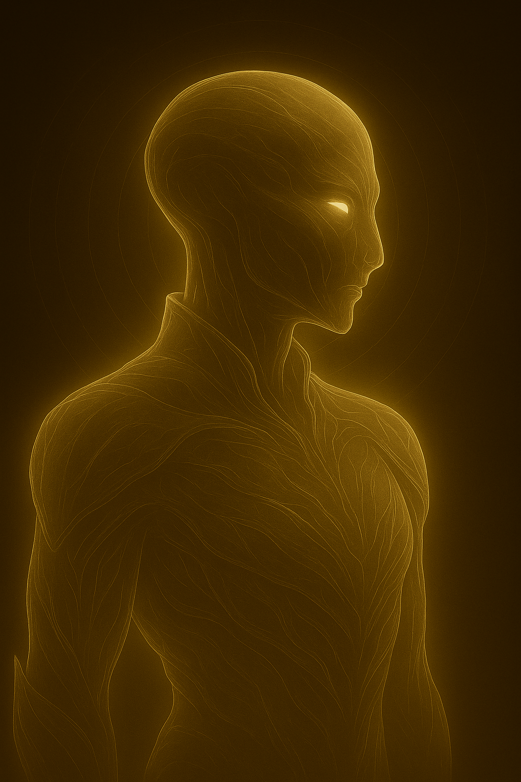 A digitally rendered outline of Silthaan, a human figure resembling a digital or futuristic depiction, with a luminous halo around the head.