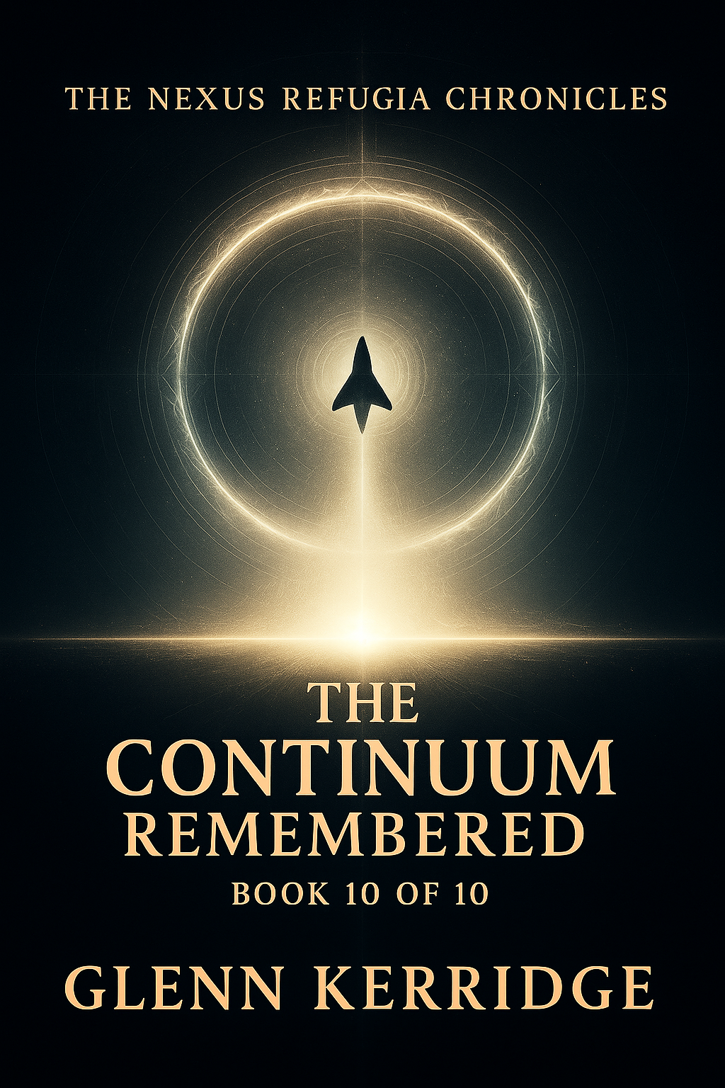 Book 10 cover for 'The Continuum Remembered' in 'The Nexus Refugia Chronicles' book series by Glenn Kerridge, a black silhouette of a spaceship at the center, with a glowing circular design surrounding it, set against a dark background.