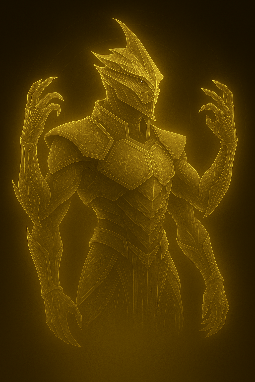 A digitally rendered outline of Joruun, a four-armed humanoid creature with a dragon-like head, armor, and elongated claws.