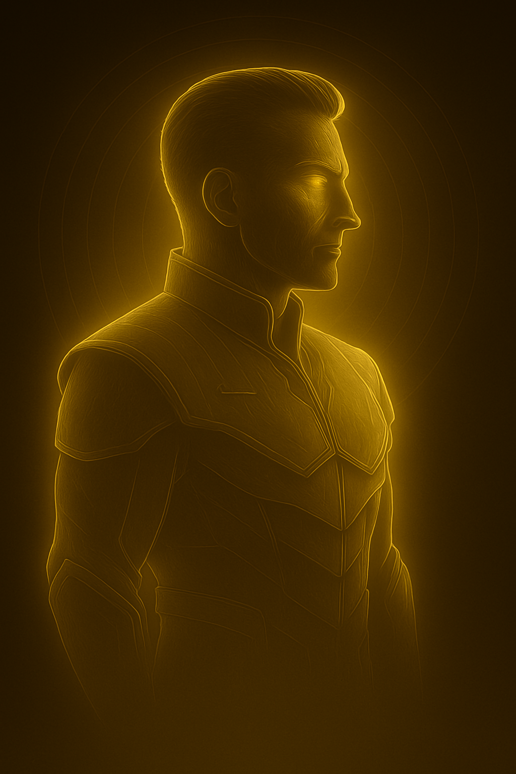 A digitally rendered outline of Aric Veylan, a male character in a futuristic suit glowing with a yellow outline, set against a dark background.