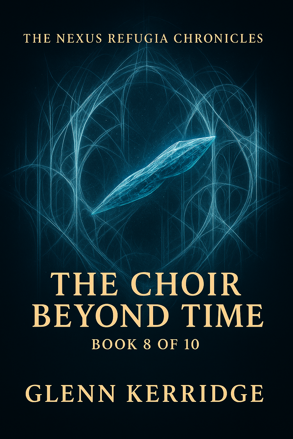 Book 8 cover for 'The Choir Beyond Time' in 'The Nexus Refugia Chronicles' book series by Glenn Kerridge, featuring a glowing blue geometric shape on a dark background.
