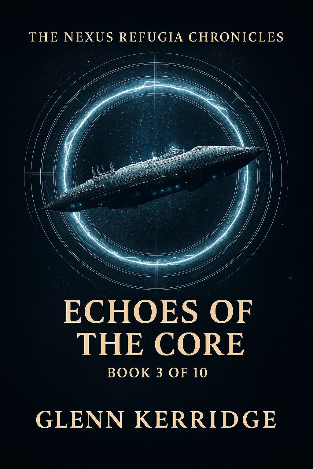 Book 3 cover for 'Echoes of the Core,' in 'The Nexus Refugia Chronicles' book series by Glenn Kerridge. Features a spaceship with a glowing circular energy ring behind it, set in space.