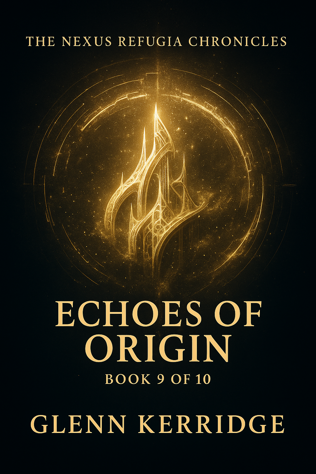 Book 9 cover for 'Echoes of Origin' in 'The Nexus Refugia Chronicles' book series by Glenn Kerridge, featuring a glowing, intricate golden symbol on a dark background.