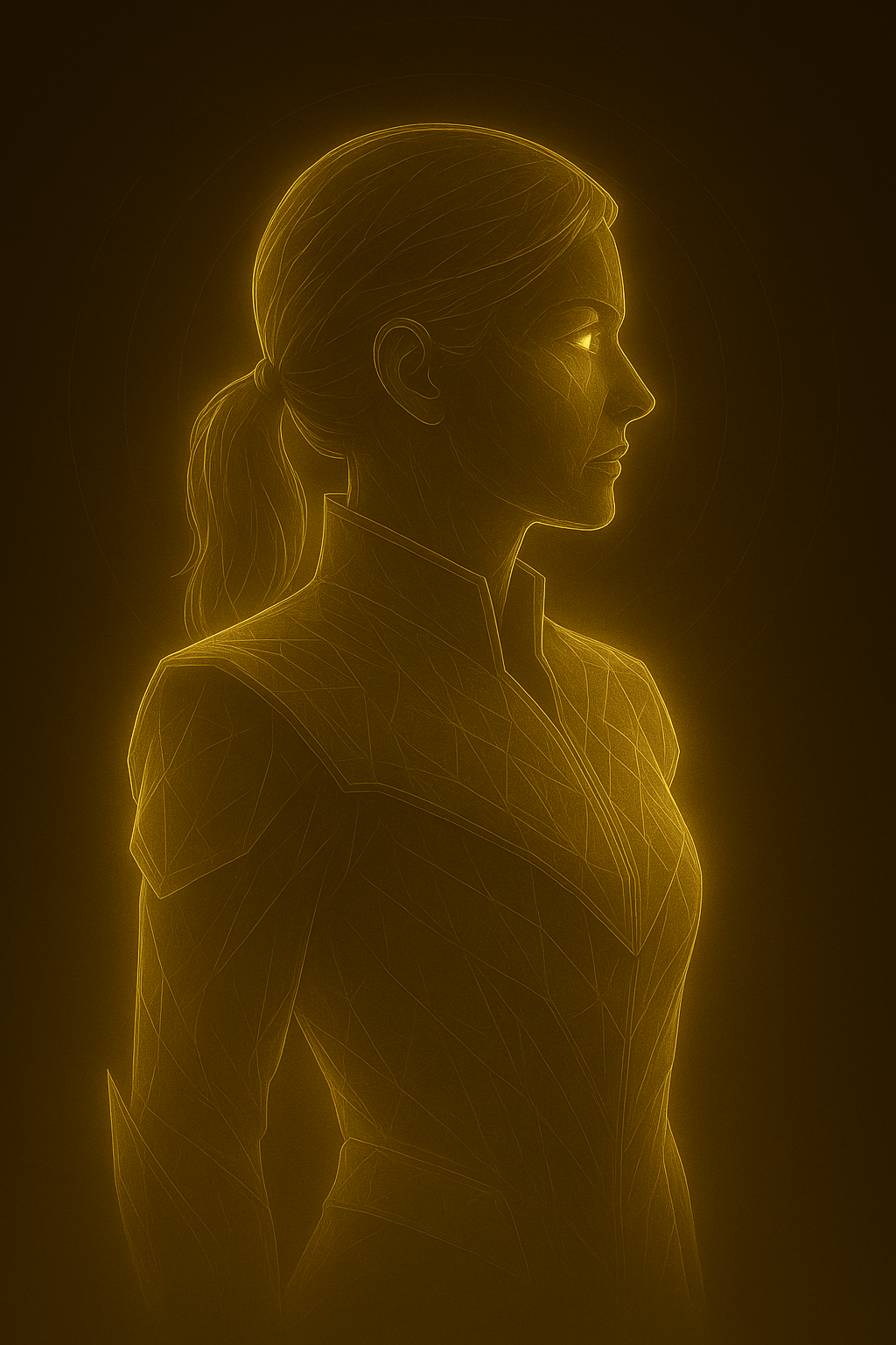 A digitally rendered outline of Lyra Avari, a woman with her hair in a ponytail, depicted with glowing yellow outline lines, wearing a high-collared uniform or outfit.