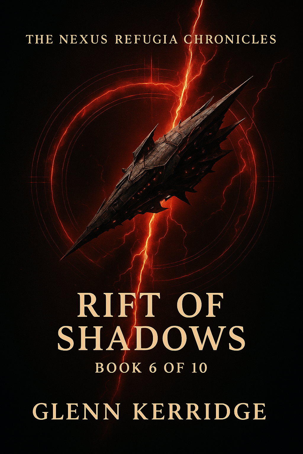 Book 6 cover for 'Rift of Shadows' in 'The Nexus Refugia Chronicles' book serries by Glenn Kerridge, featuring a dark cover with a lightning bolt and a spaceship-like structure in the center, surrounded by red circular effects.