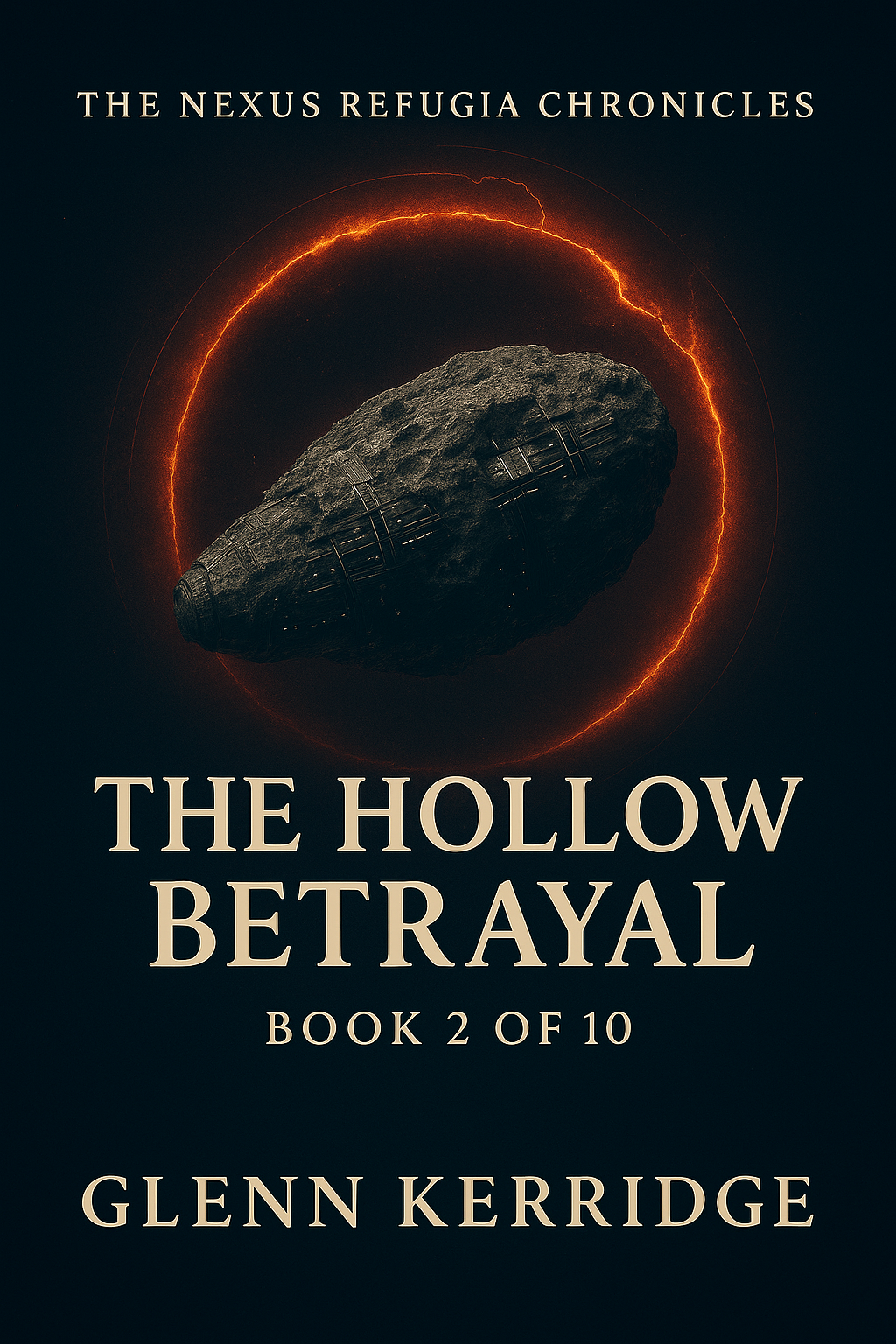 Book 2 cover for 'The Hollow Betrayal' in 'The Nexus Refugia Chronicles' book series by Glenn Kerridge, featuring a large asteroid with technological structures, surrounded by a glowing red ring on a dark background.