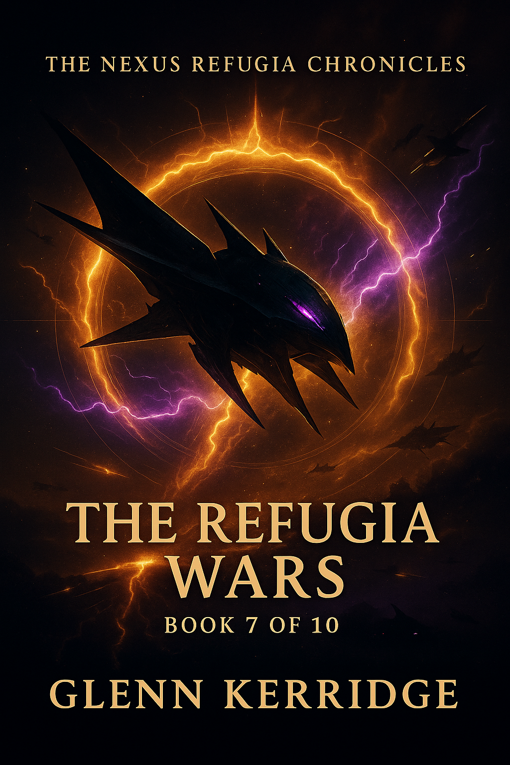Book 7 cover for 'The Refugia Wars' in 'The Nexus Refugia Chronicles' book series " by Glenn Kerridge, featuring a spaceship with a sleek dark design, surrounded by lightning and fiery energy.