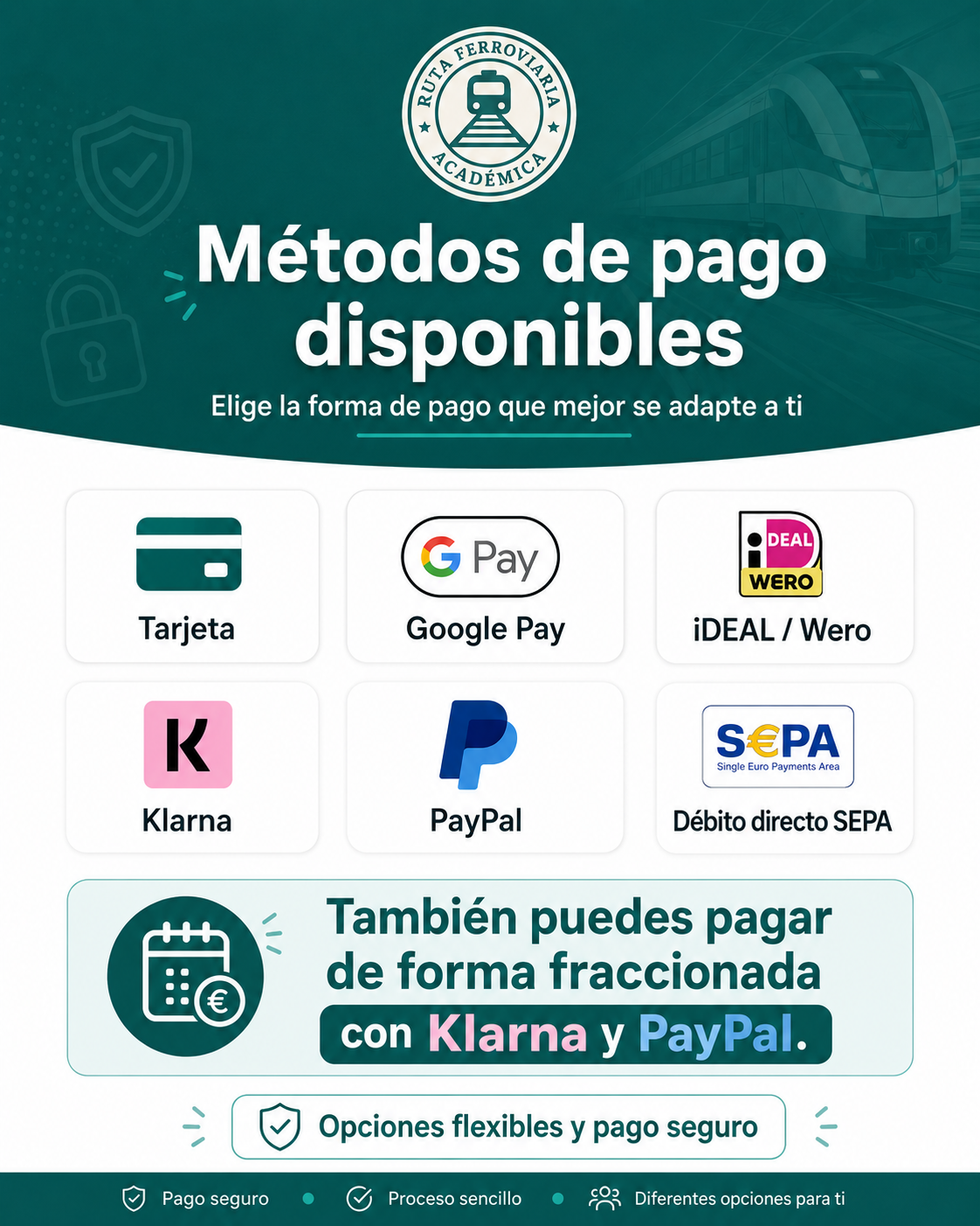 Opciones de métodos de pago disponibles, incluyendo tarjeta, Google Pay, iDEAL/Wero, Klarna, PayPal y Débito directo SEPA, con opción de pago fraccionado con Klarna y PayPal.