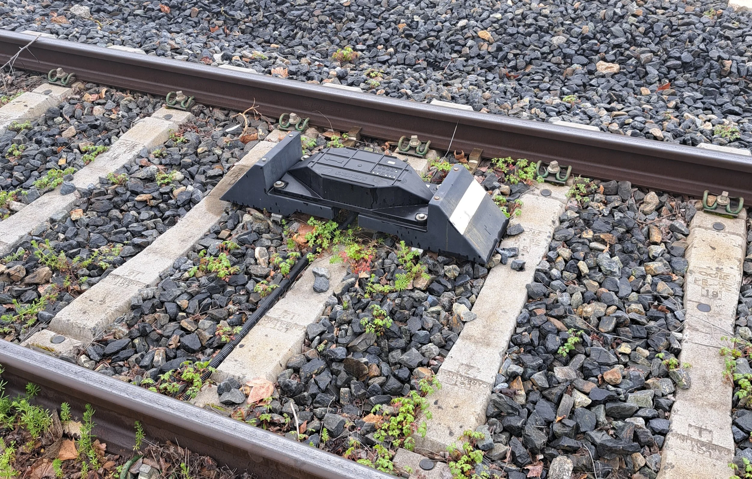 Sistema de control de velocidad en una vía férrea con raíles, balasto, vegetación y cableado.