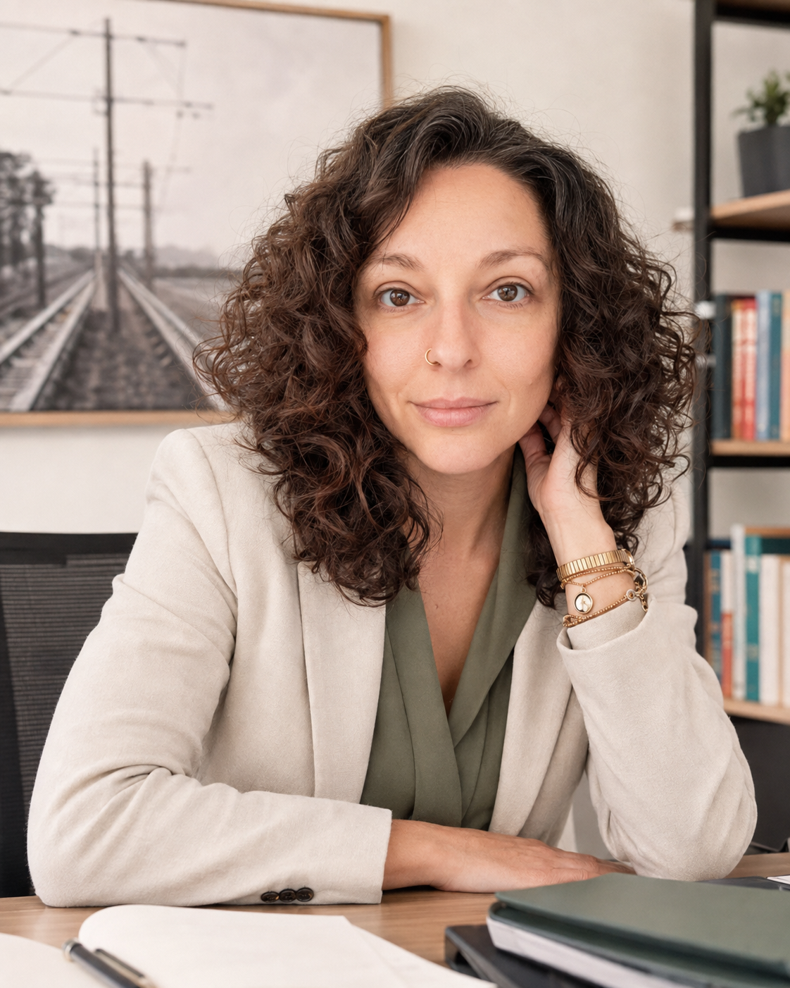 Retrato de una mujer con cabello rizado y largo, usa blazer beige y blusa verde, al fondo un cuadro de vías de tren, en un ambiente de oficina con estantería con libros y plantas.