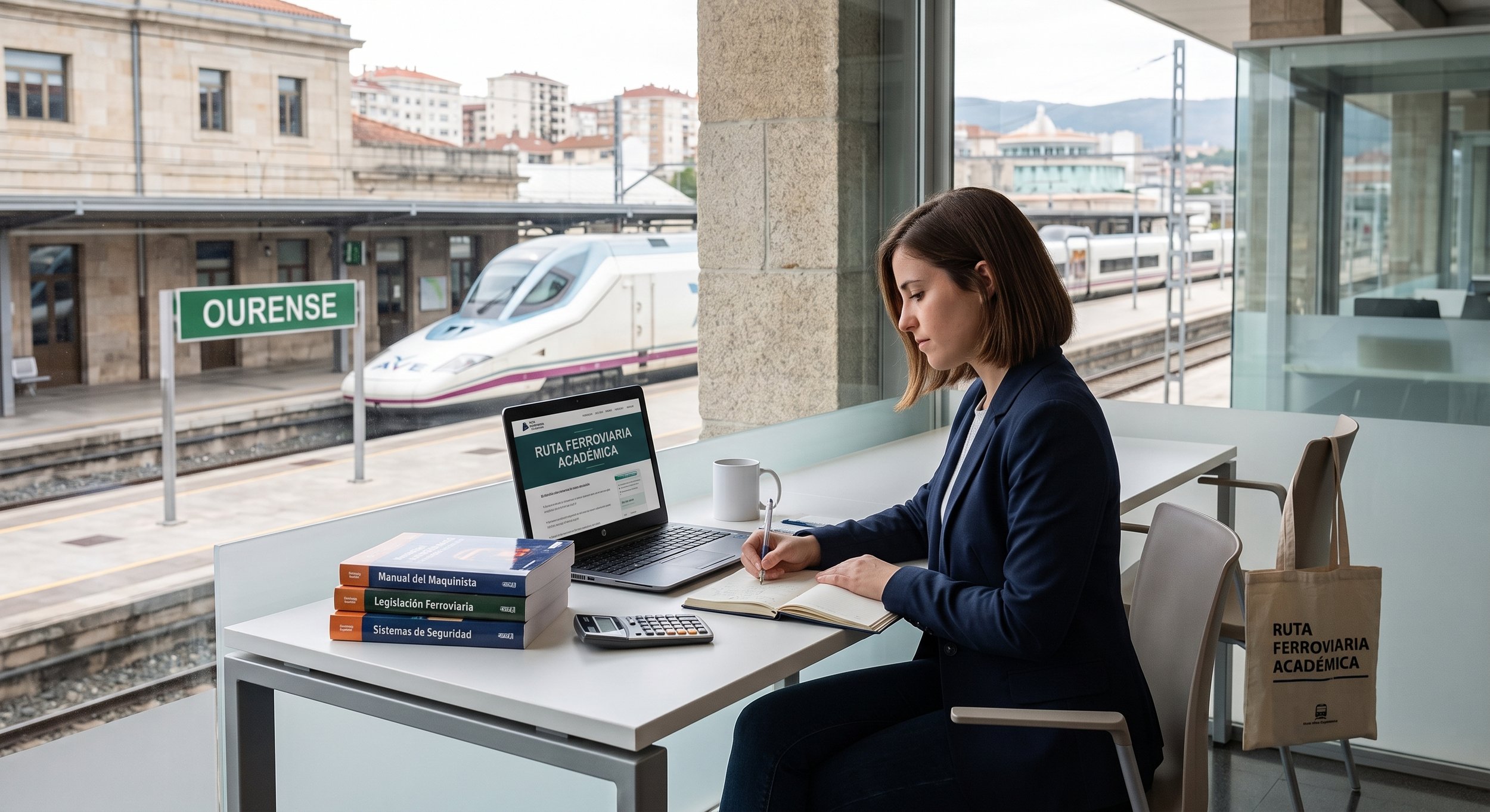 Mujer en estación de tren sentada en mesa con laptop y libros relacionados con ferrocarriles, con vista a tren y señal de Ourense