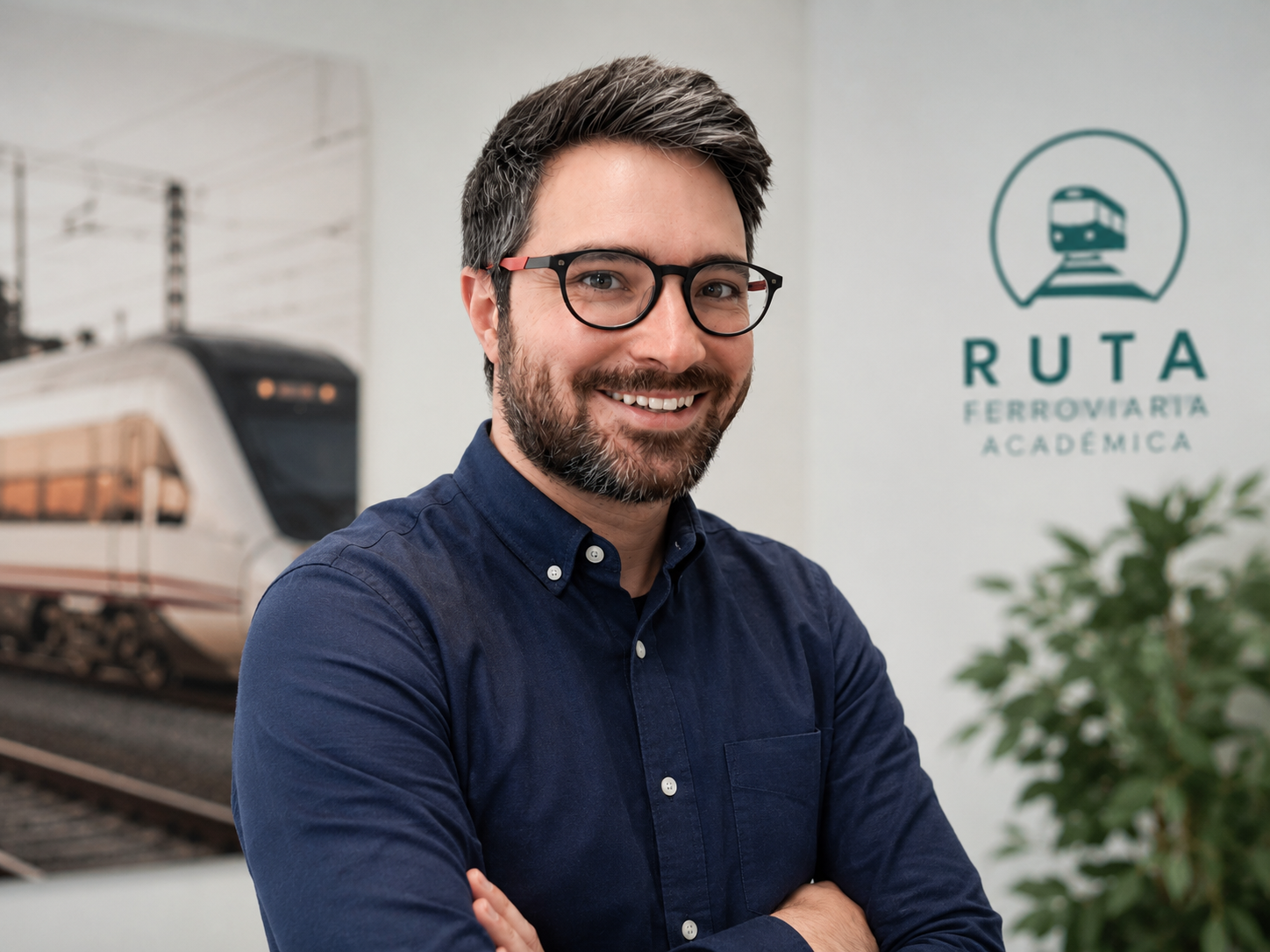 PREPARADOR DE OPOSICIONES ADIF ,Hombre con gafas y barba sonriendo, de brazos cruzados, en un espacio interior con cartel que dice "Ruta Ferroviaria Académica" y un tren en el fondo.