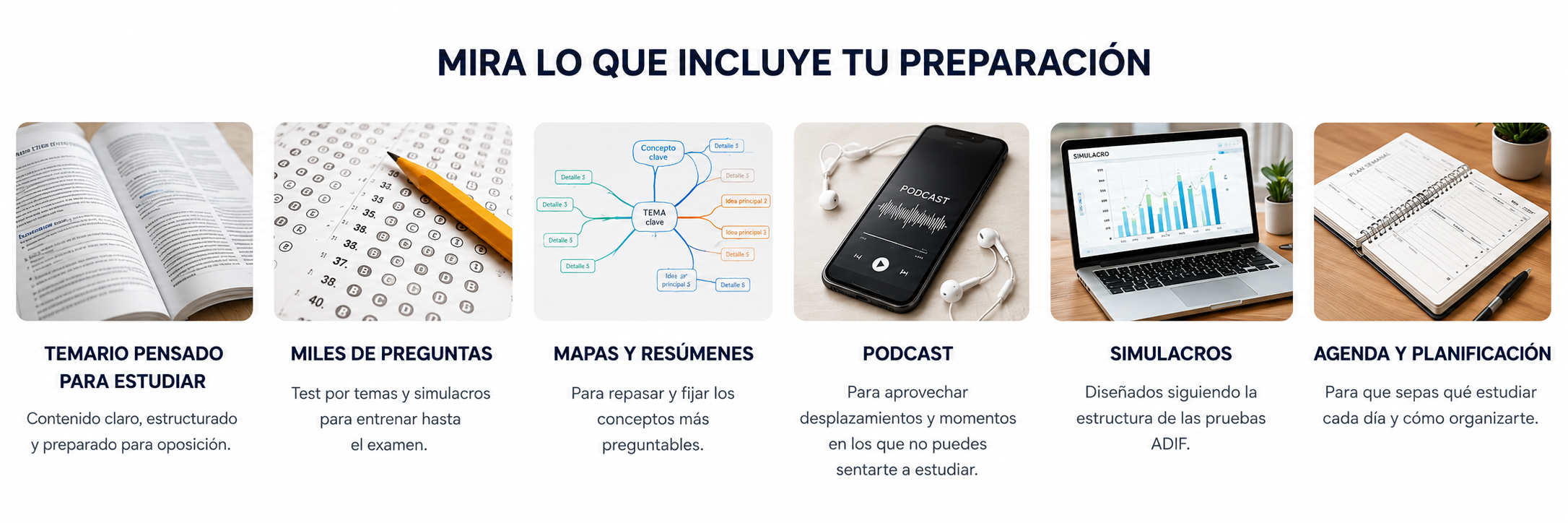 Infografía con seis secciones sobre preparación para estudiar: temario pensado para estudiar, miles de preguntas, mapas y resúmenes, podcast, simulacros, agenda y planificación. Cada sección tiene una imagen relevante, por ejemplo, libros, cuestionarios, mapas mentales, un teléfono, computadora y agenda. Título central que dice 'MIRA LO QUE INCLUYE TU PREPARACIÓN'.