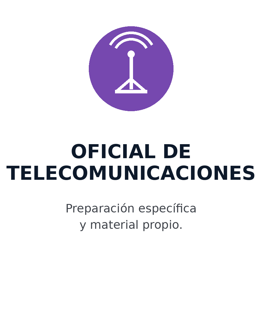 Símbolo de antena de telecomunicaciones en círculo morado, texto que indica 'Oficial de Telecomunicaciones' y nota sobre preparación y material propio.