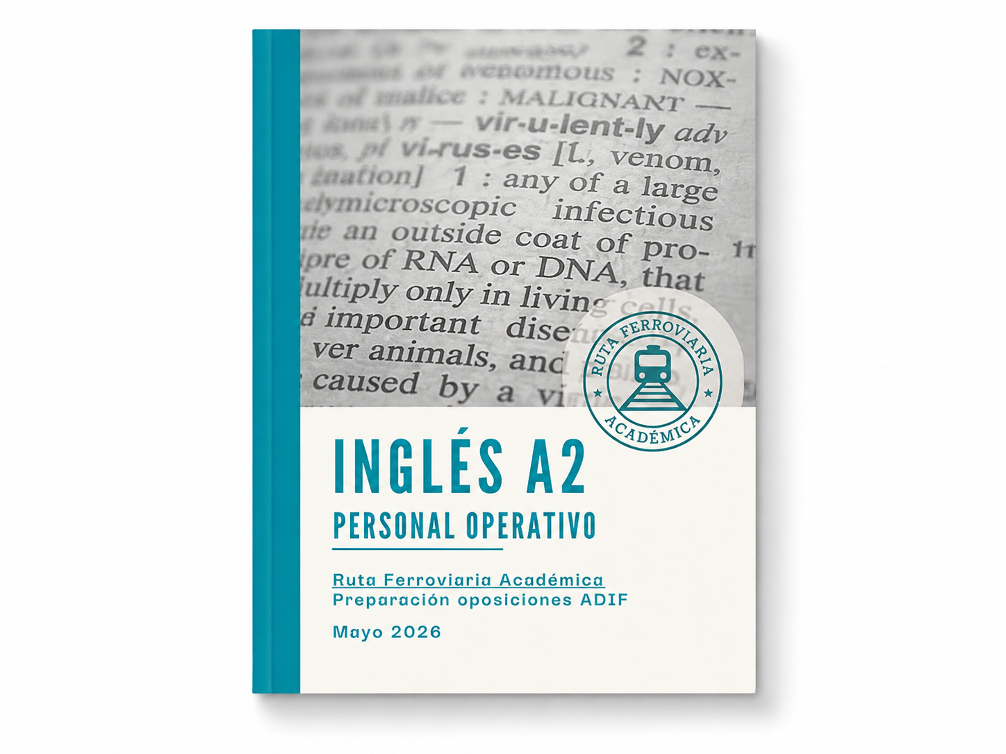 Libro de preparación para el examen de inglés A2, en la categoría de personal operativo, con texto y logo de la Ruta Ferroviaria Académica, fechado en mayo de 2026.