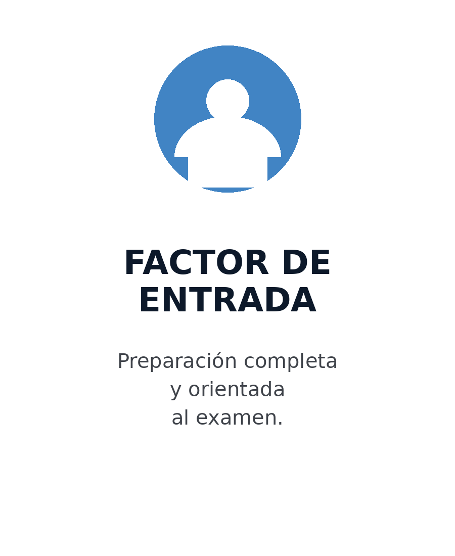 Icono de usuario en círculo azul. Texto que dice 'Factor de entrada' y 'Preparación completa y orientada al examen'.