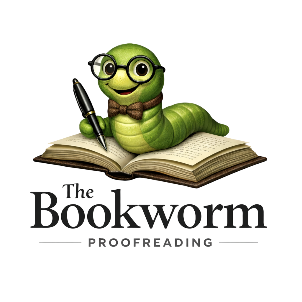Logo of a smiling, friendly bookworm wearing glasses holding a pen sitting atop an open book.