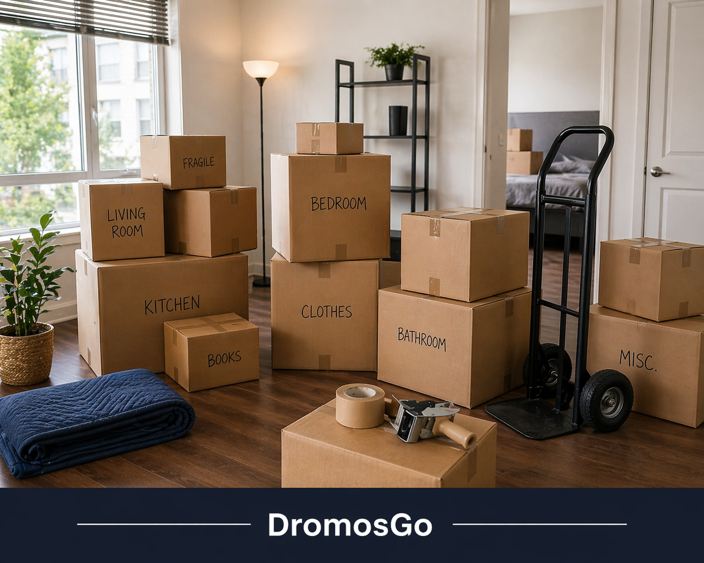 A room filled with moving boxes labeled for different rooms and items, including living room, kitchen, books, bedroom, clothes, bathroom, miscellaneous, and fragile. There is a hand truck, a blue blanket, a potted plant, and a tape dispenser,amid sunlight streaming through a window showing trees outside, suggesting a move in progress.