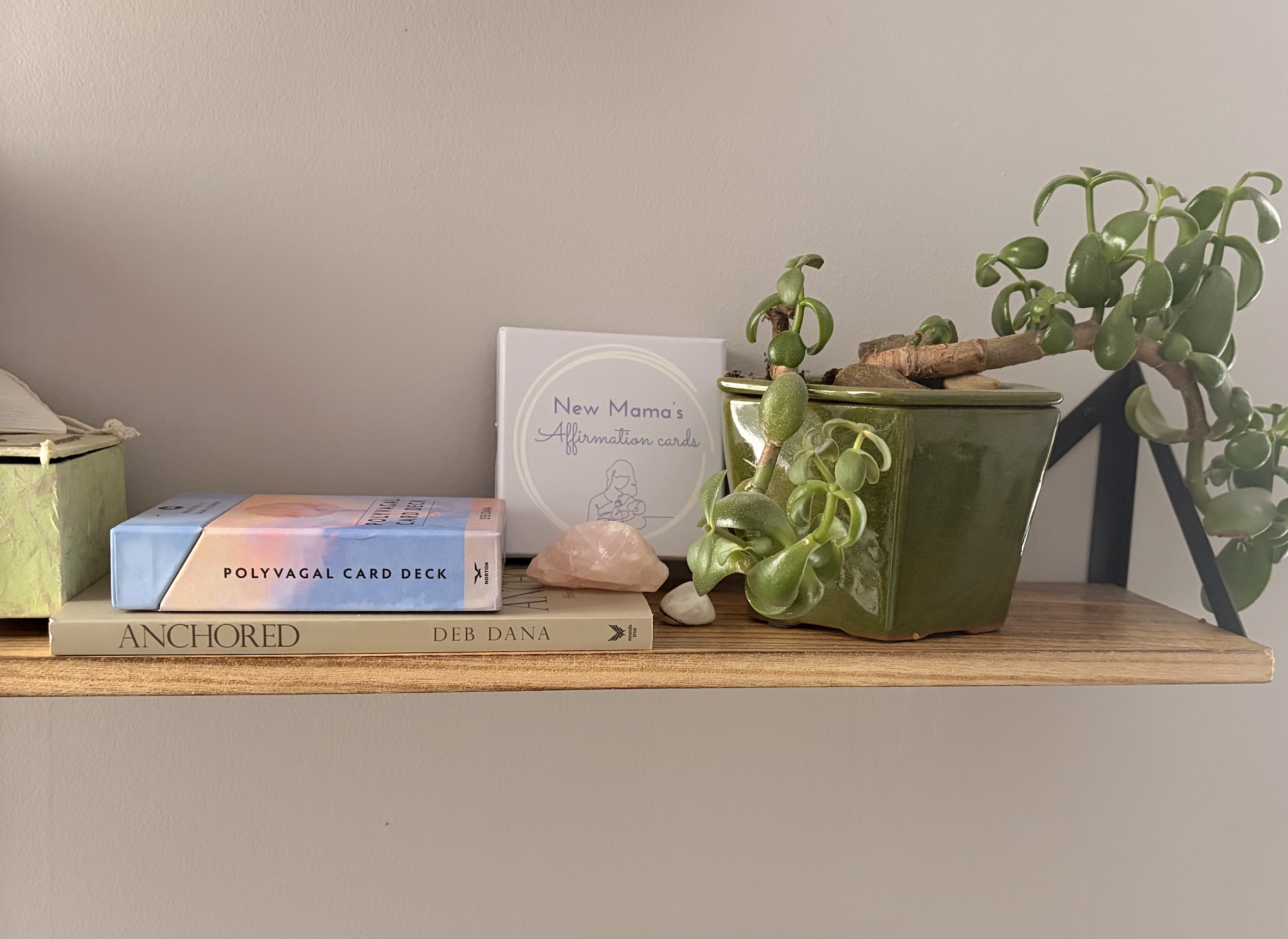 Wooden shelf with a green potted succulent, a pink rock, a white affirmation card, a deck of cards, and a book titled