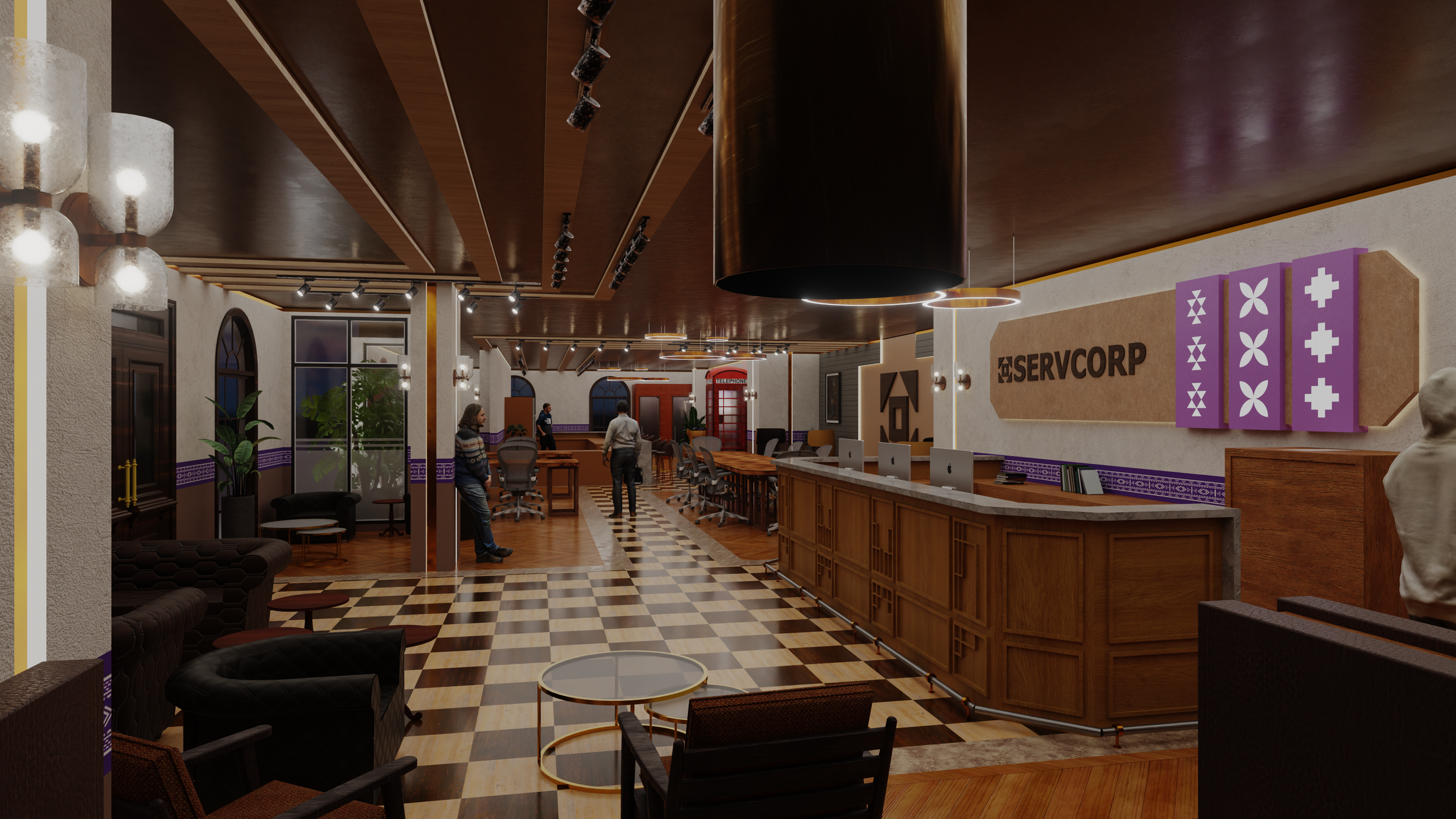 A modern office lobby with a checkered wooden floor, wooden reception desk, and seating area with black and brown chairs. There are several people standing and walking, a red phone booth in the background, and large windows with plants. The wall features a sign with the logo and name 'SERVCORP', purple decorative patterns, and art pieces. The ceiling has wooden beams and track lighting.
