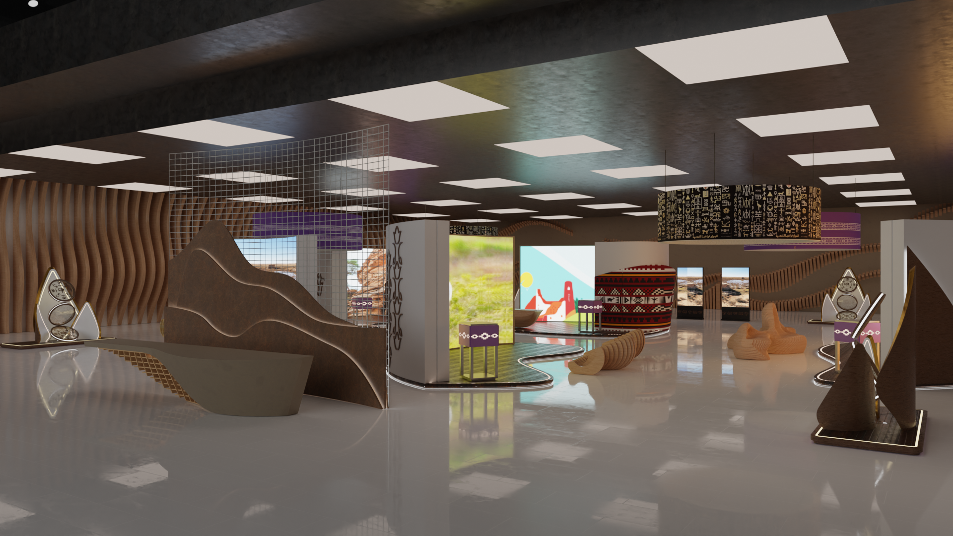 Interior space with modern furniture, display areas, and decorative elements, featuring bright lighting, wooden accents, and colorful artwork.