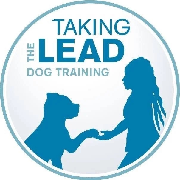 Logo for 'Taking the Lead Dog Training' featuring a silhouette of a girl and a dog shaking paws inside a circular border.