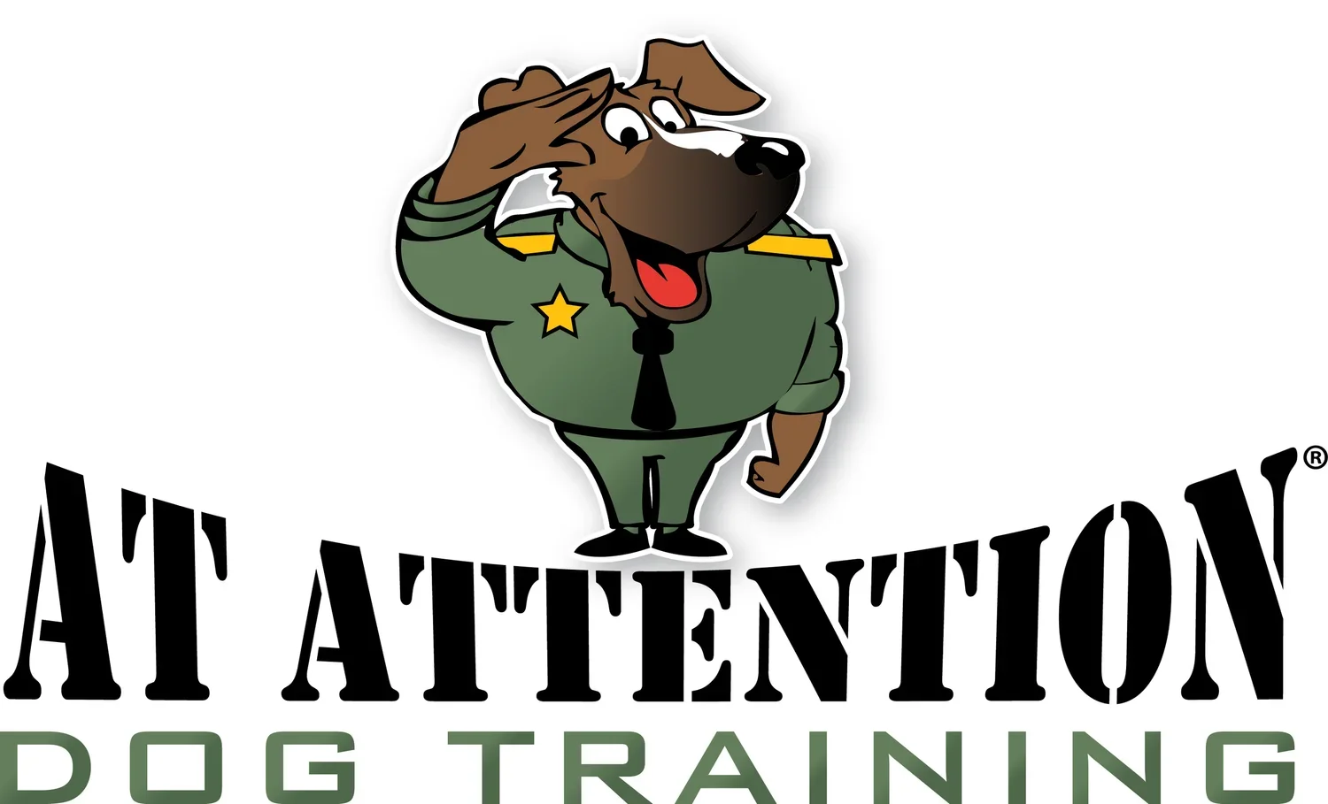 Cartoon dog in a military uniform saluting with the text 'At Attention Dog Training' underneath.