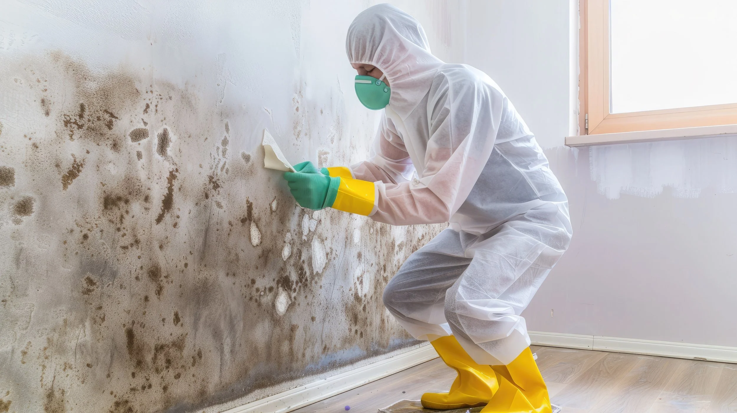 Person in protective gear cleaning mold off a wall.