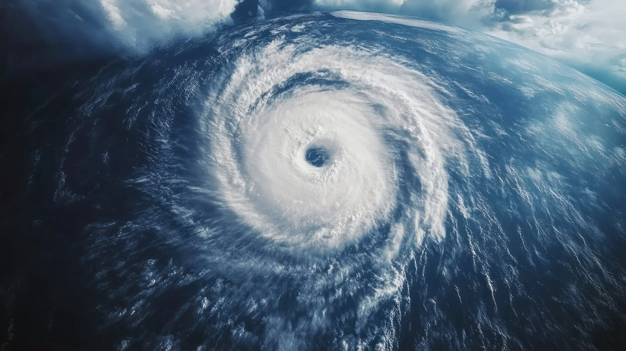 A satellite view of a powerful hurricane forming over the ocean with a clear eye at the center.