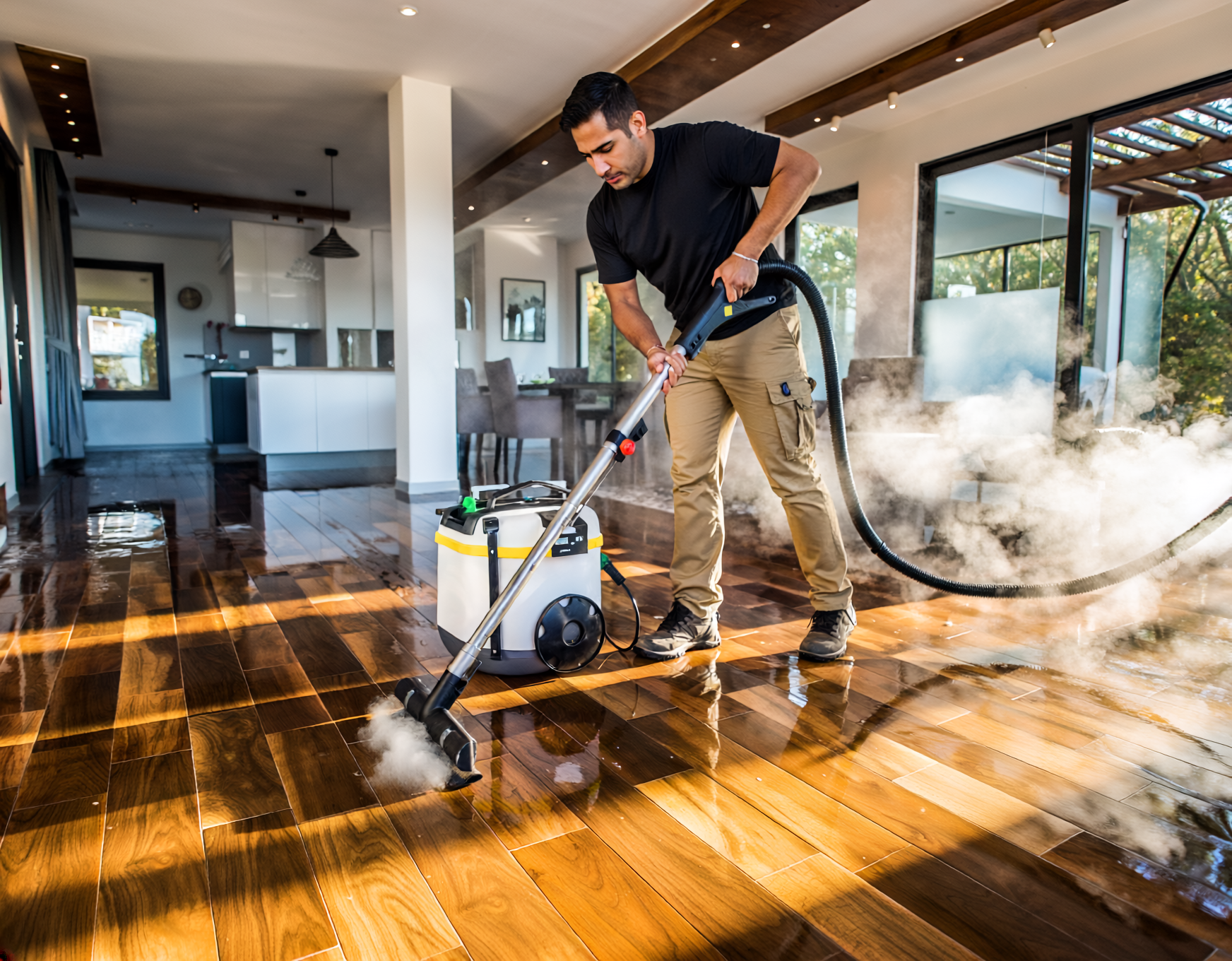 Man water mitigating hardwood floor with steam cleaner in a modern home.