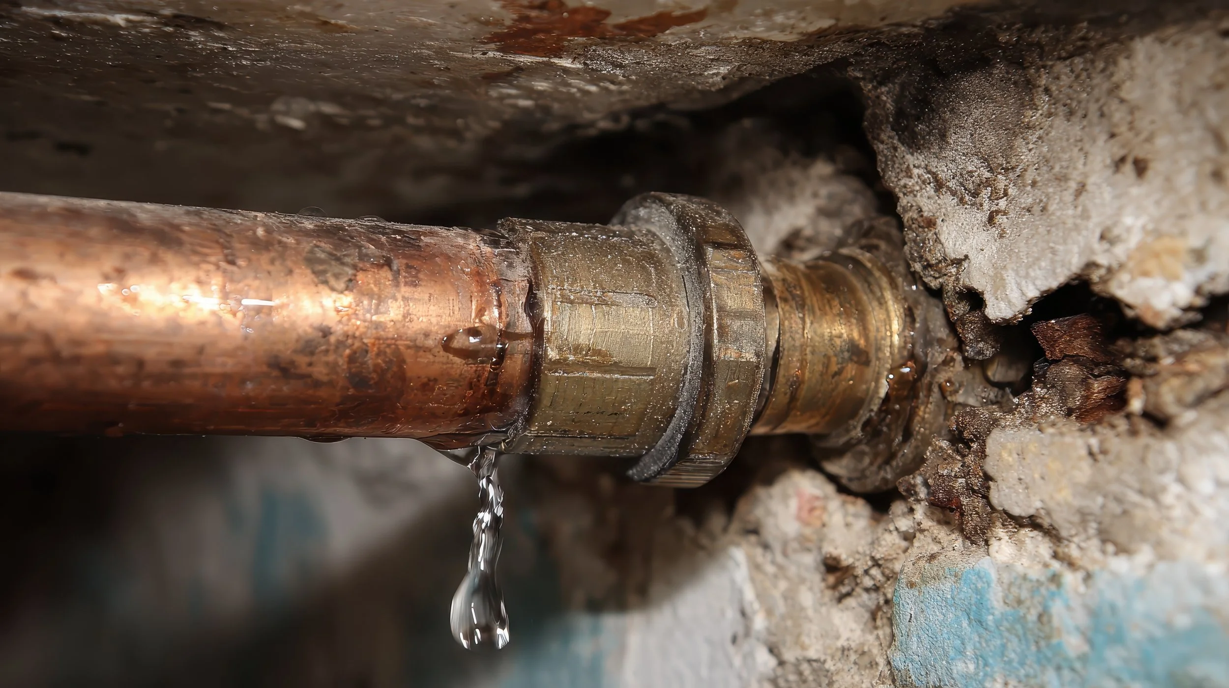Close up of a busted copper pipe going into the wall showing water leaking into a house