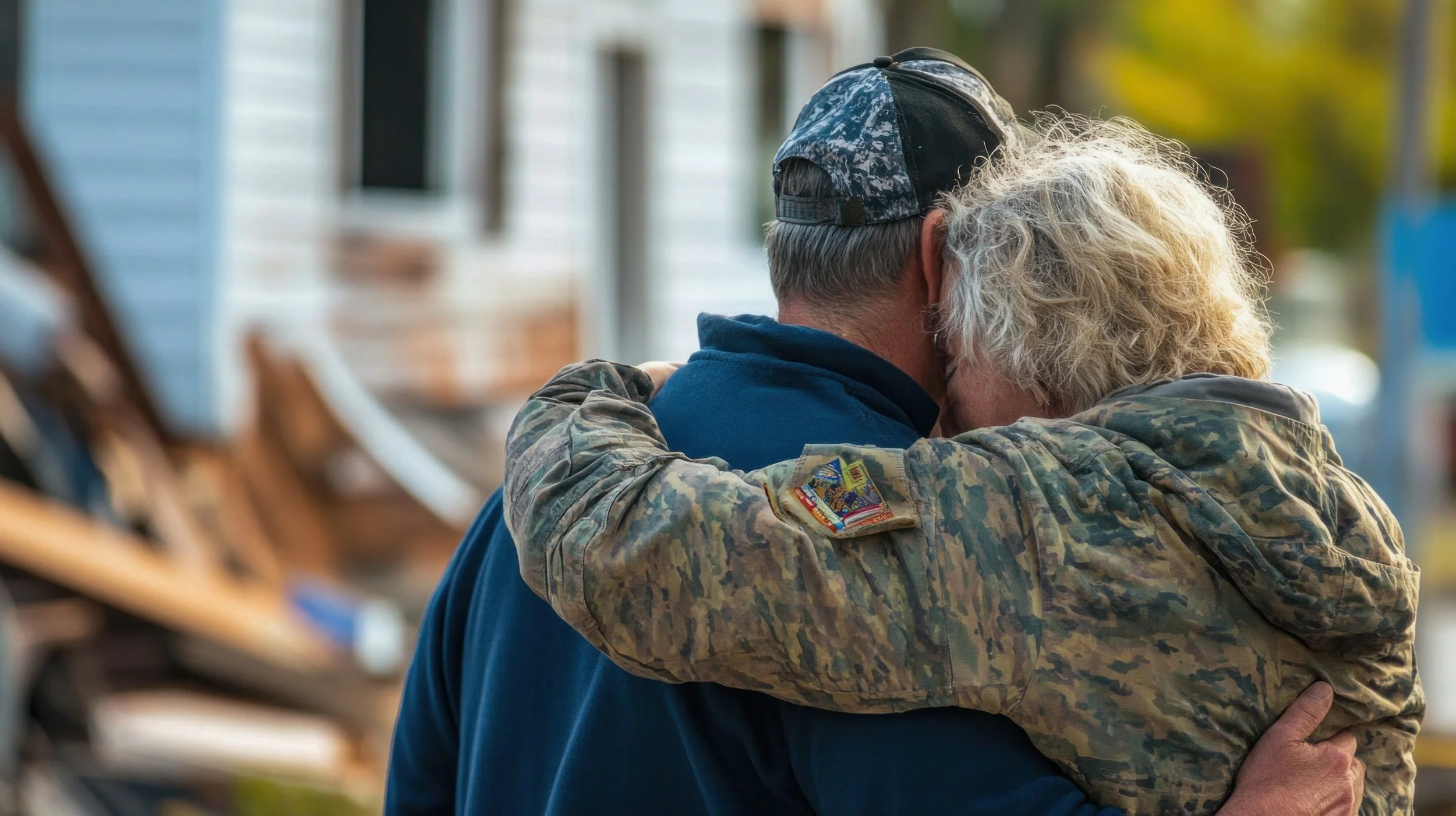 An older man with blond hair and a camouflage jacket hugging a man with glasses and a blue cap outside after a disaster