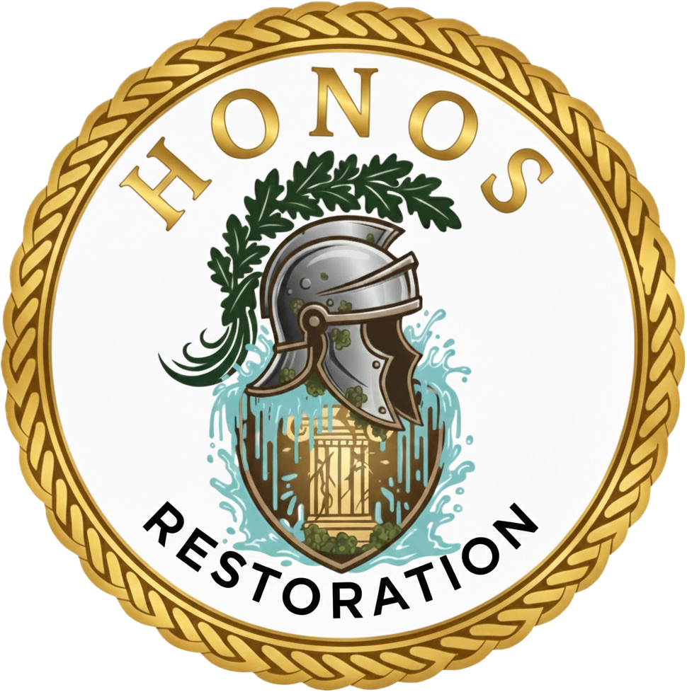Badge with a gold rope border, featuring a warrior helmet with green leaves, water splashing around, and the words "HONOS RESTORATION".