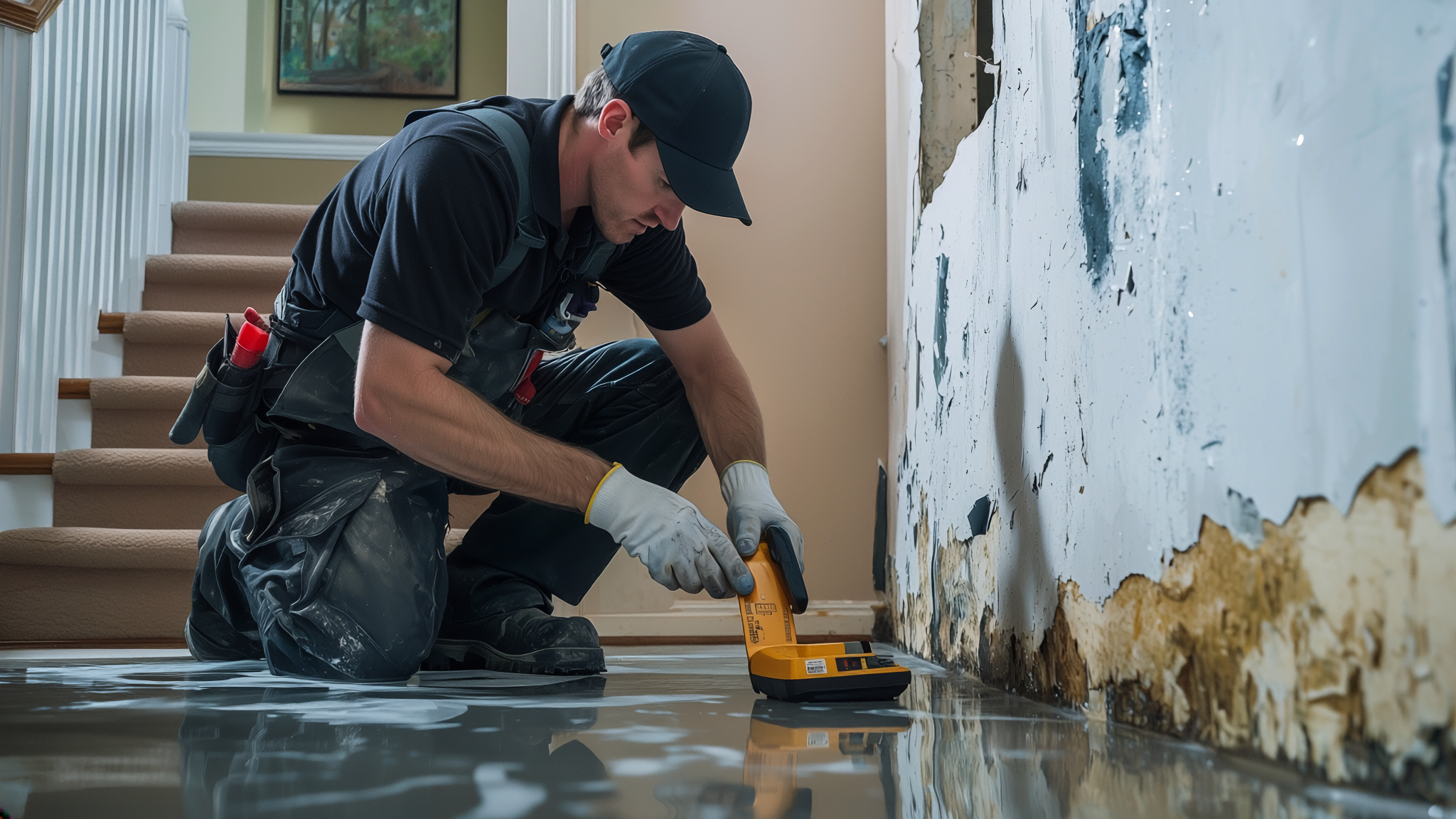 A man in work clothes and gloves kneels on a floor, using a diagnostic tool near a wall with peeling paint and drywall damage.